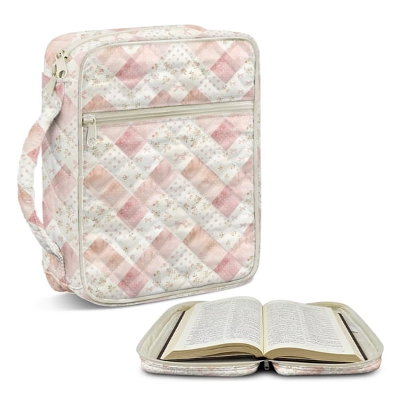 FOR U DESIGNS Flower Plaid Pink Print Bible Cover Bible Holder Case Handbag with Handle, Large Capacity Bible Carrier Tote Bag Study Bible Carrying Cases Christian Gifts