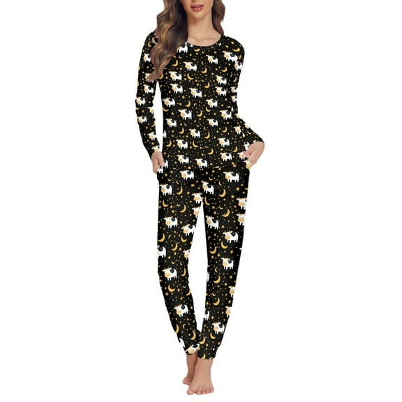 FOR U DESIGNS Galaxy Cow Pajama Sets for Women 2 Piece Long Sleeve Night Suits Women Pajamas Set Polyester Size 3XL Ladies Sleepwear Long Pants and Tops Loungewear