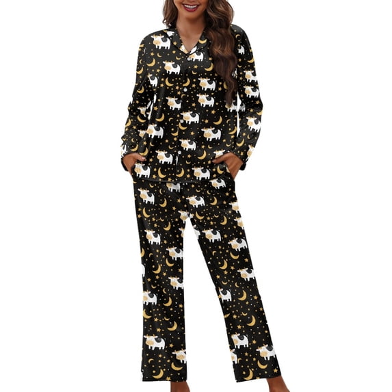 FOR U DESIGNS Galaxy Milk Cow Womens Pajamas Set Long Sleeve Sleepwear 2 Pack Size 3XL Button Down Nightwear Soft Pj Lounge Sets for Women Jogger Loungewear Fall