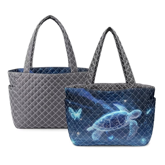 FOR U DESIGNS Galaxy Turtle Butterfly Print Quilted Tote Bag for Women, Reversible Two Tone Tote Handbag with Side Pockets, Lightweight Top Handle Bag for School 2026