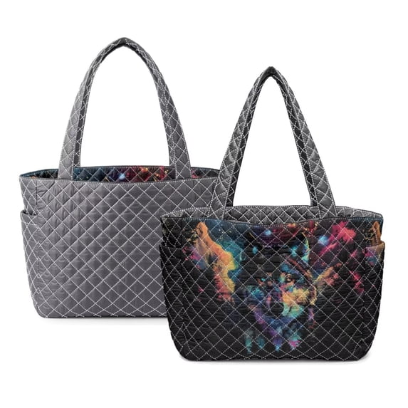 FOR U DESIGNS Galaxy Wolf Print Tote Bag for Women, Two Tone Quilted Tote Purse with Side Pockets, Lightweight Handbags Large Capacity Shoulder Bag for Ladies