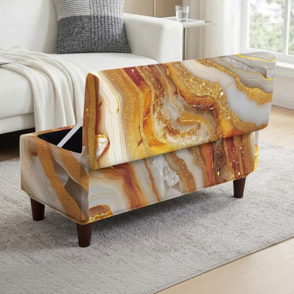 FOR U DESIGNS Gold Marble Print Ottoman Cover Washable Storage Bench Slipcover Stretch Storage Bench Cover Folding Footrest Stool Slipcover Footstool Protector with Elastic Band