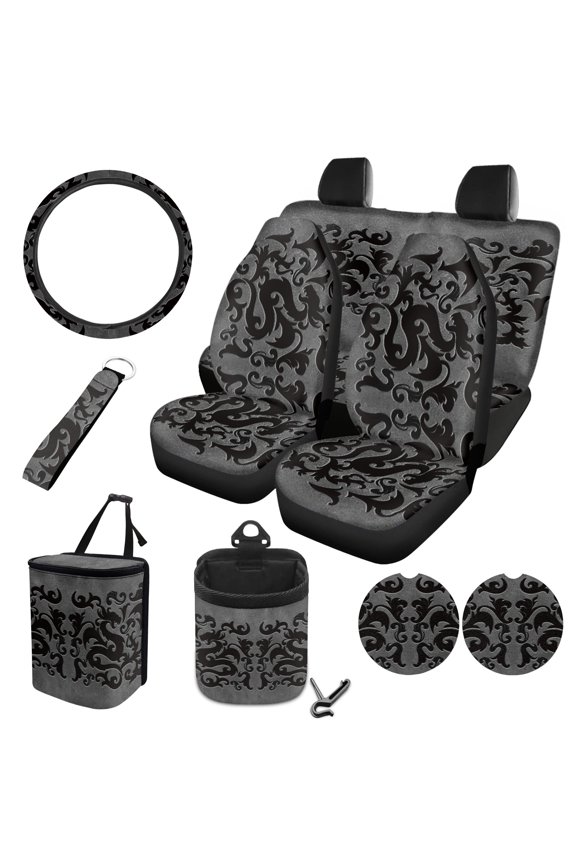FOR U DESIGNS Gothic Scroll Print Car Accessories Set Replacement Front Rear Bench Bucket Seat Cover Steering Wheel Cover Auto Trash Can Air Vent Storage Coaster and Keychain, Pack of 10