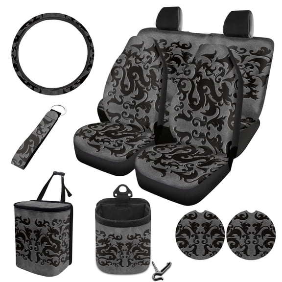 FOR U DESIGNS Gothic Scroll Print Car Accessories Set Replacement Front Rear Bench Bucket Seat Cover Steering Wheel Cover Auto Trash Can Air Vent Storage Coaster and Keychain, Pack of 10