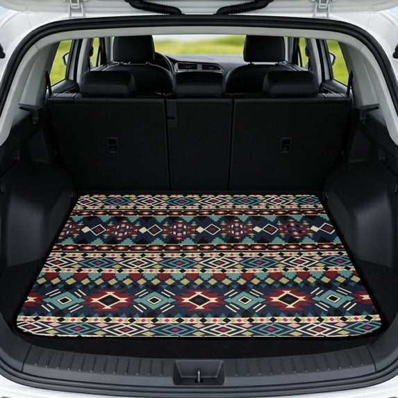 FOR U DESIGNS Green American Geometric Aztec Print Car Trunk Mat Non-Slip Cargo Liner Waterproof All Weather Durable Rear Trunk Protection for Most Vehicles