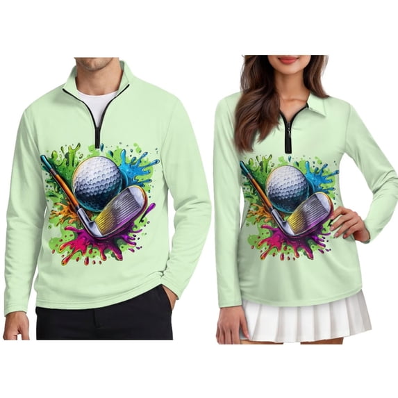 FOR U DESIGNS Green Golf Splash Ink Print Couple Golf Shirts Quarter Zip Up Matching Golf Shirt for Couple Moisture Wicking Couple Polo Shirt for Men Women