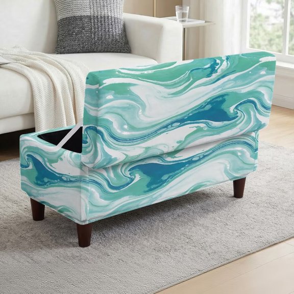 FOR U DESIGNS Green Marble Print Ottoman Cover Stretch Flip-Top Storage Footstool Slipcover Washable Bench Slipcover with Elastic Bottom, Non-Slip Soft Stool Protector for Living Room