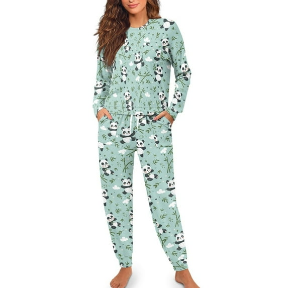 FOR U DESIGNS Green Panda Women's Long Sleeve Drawstring Pajamas Set 2 Piece Size S Sleepwear Long Crew Neck Tops and Pants for Women Nightwear Jogger Loungewear