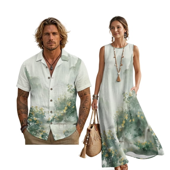 FOR U DESIGNS Green Tree Floral Ink Print Couple Shirts and Dress Matching Outfit Linen-Style Flowy Womens Sleeveless Sundress with Pocket Casual Mens Buttons Shirt