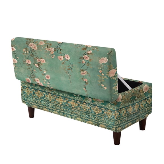 FOR U DESIGNS Green Vintage Flower Print Stretch Ottoman Cover for Flip-Top Storage Bench, Washable Footrest Chair Slipcover with Elastic Band, Non-Slip Furniture Protector for Pets Kids
