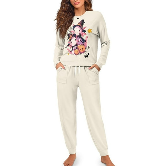 FOR U DESIGNS Halloween Axolotl Drawstring Pajamas for Women Set 2 Piece Size S Sleepwear Long Sleeve Crew Neck Tops Pjs Lightweight Lounge Set with Pockets for Women