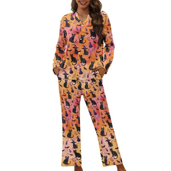 FOR U DESIGNS Halloween Black Cat Womens Button Up Pajama Sets Button Down NightShirts for Women Sleepwear 2 Pack Size XS Womens Nightwear Sets Button Front Winter
