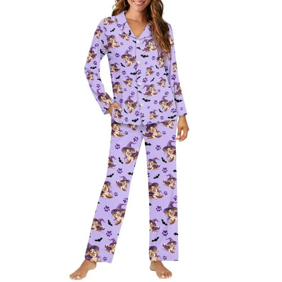FOR U DESIGNS Halloween Corgi Womens Button Up Pajama Sets Button Down NightShirts for Women Sleepwear 2 Pack Size XS Womens Nightwear Sets Button Front Winter