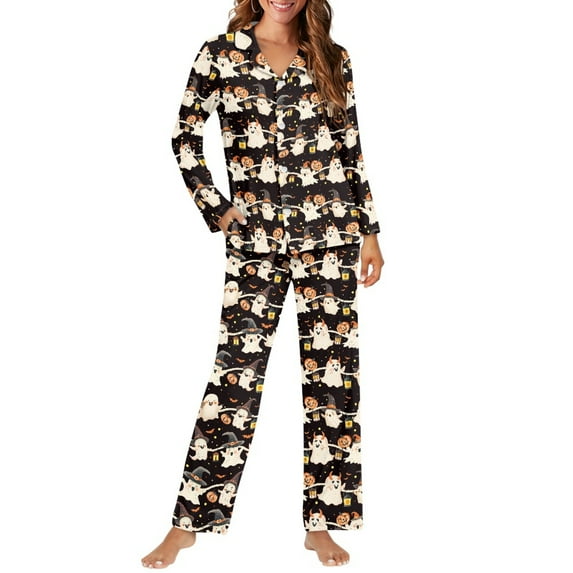 FOR U DESIGNS Halloween Cute Ghost Pajama Sets for Women 2 Piece Button Down Long Sleeve Pants with Pockets Size M Sleepwear Long V-neck Tops for Women Winter