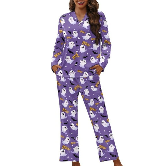 FOR U DESIGNS Halloween Cute Ghost Pajama Sets for Women 2 Piece Button Down Pants Size XS Pajamas Womens Nightwear Sets Button Front Pjs Long Sleeve Sleepwear for Women