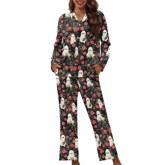 FOR U DESIGNS Halloween Cute Ghost Womens 2 Piece Button Up Pajama Sets Button Down Pajamas Sleepwear with Pockets Size XS for Womens Nightwear Button Front