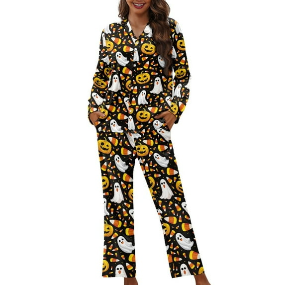 FOR U DESIGNS Halloween Cute Ghost Womens Button Up Pajama Sets Button Down NightShirts for Women Sleepwear 2 Pack Size 3XL Womens Nightwear Sets Button Front Winter