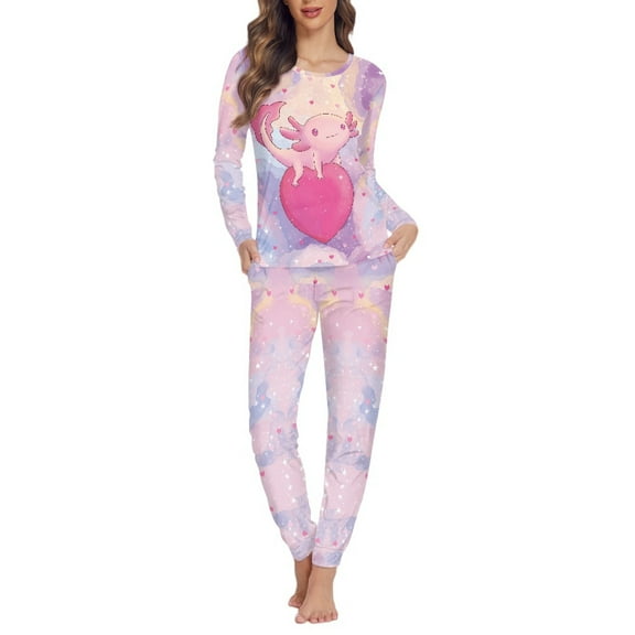 FOR U DESIGNS Heart Axolotl Long Sleeve Nightwear for Women Sleepwear Long Pants Set of 2 Size M Ladies Loungewear with Pockets Jogger Crew Neck Tops for Women