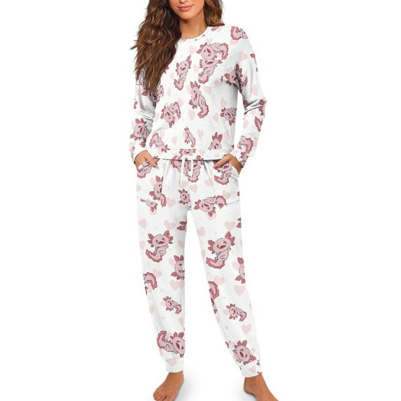 FOR U DESIGNS Heart Axolotl Pajamas Sets for Women 2 Piece Nightwear Long Sleeve Crew Neck Tops and Pants with Drawstring for Size S Women Sleepwear Jogger Loungewear