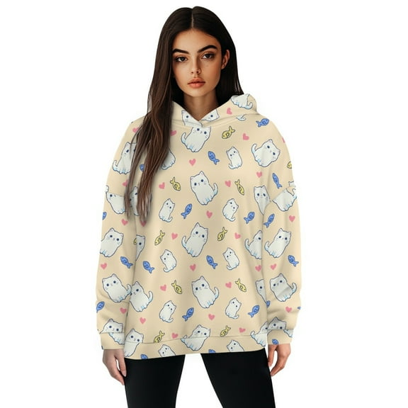FOR U DESIGNS Heart Cat Pullover Hoodies for Women Oversized Long Sleeve Size S Lightweight Sweatshirt with Hood for Women Hooded Cardigan Activewear Tops Winter