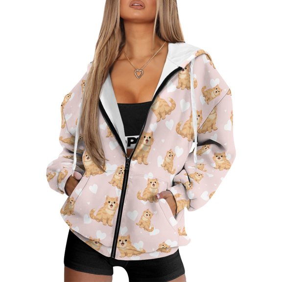 FOR U DESIGNS Heart Cat Zip Hoodies for Women Oversized Long Sleeve Sweatshirt Size XS Hooded Sweatshirts Women with Front Zipper Comfortable Hoodie with Pockets