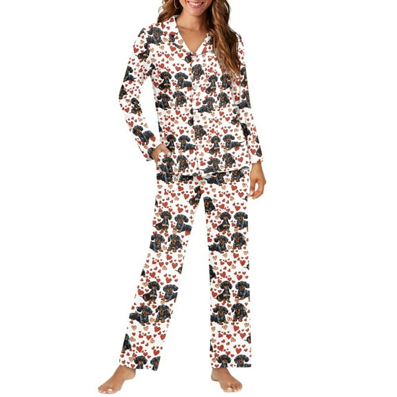FOR U DESIGNS Heart Dachshund Womens Pajama Sets Long Sleeve Sleepwear Button Down Shirt 2 Piece Size XS Nightwear Soft PJ Lounge Set Womens Button Front Jogger