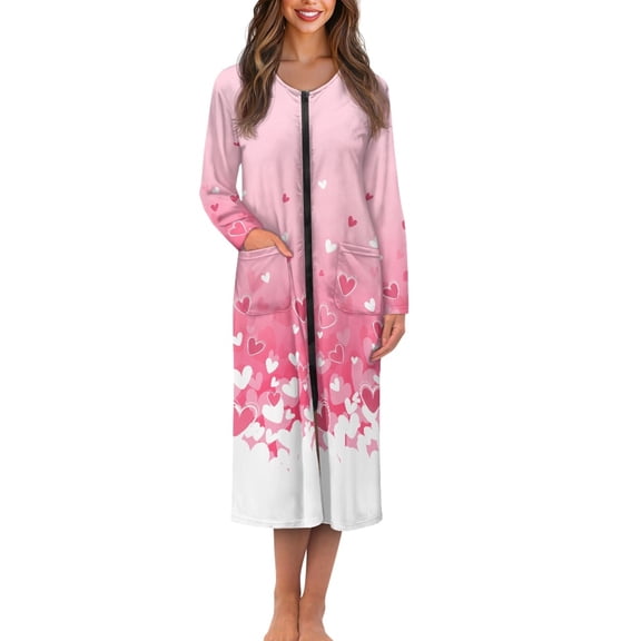 FOR U DESIGNS Heart Pink Print Womens Nightgown Lightweight Long Sleeve Night Shirts Zip Up Duster Lounger Robe with Pockets, Long Sleeve House Coat, XL