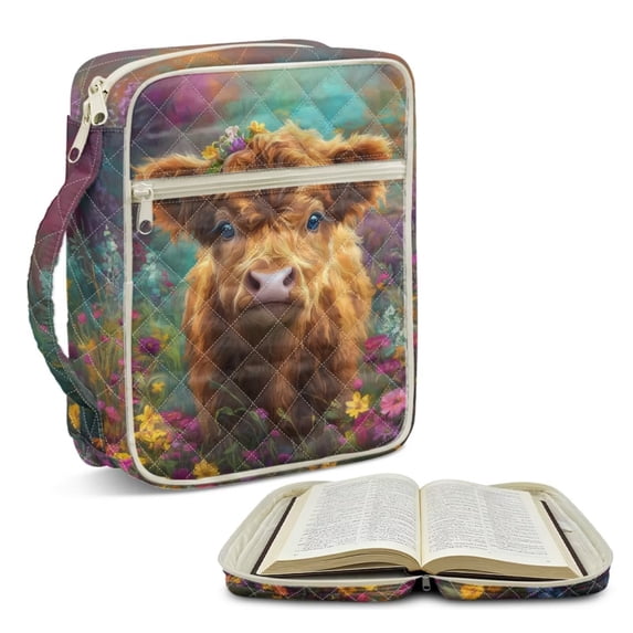 FOR U DESIGNS Highland Cattle Print Bible Cover for Women Men Lightweight Bible Holder Case Reusable Bible Carrier Tote Bag Bible Protective with Handle and Zipper