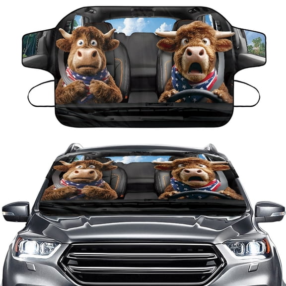 FOR U DESIGNS Highland Cattle Print Car Windshield Snow Cover Front Window Automotive Covers Auto Windproof Waterproof Sunshade Snow Cover Fits Most SUVs Trucks