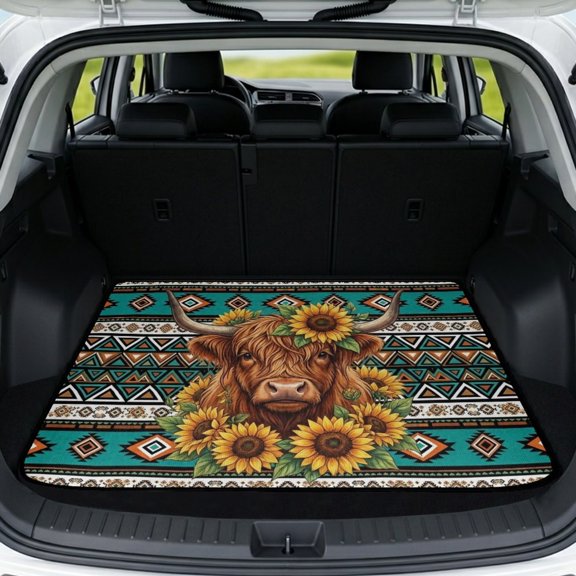 FOR U DESIGNS Highland Cattle Sunflower Aztec Print Trunk Cargo Liner Non-Slip All Weather Durable Rear Trunk Protection Decorative Mat for Holiday Vacation Camping