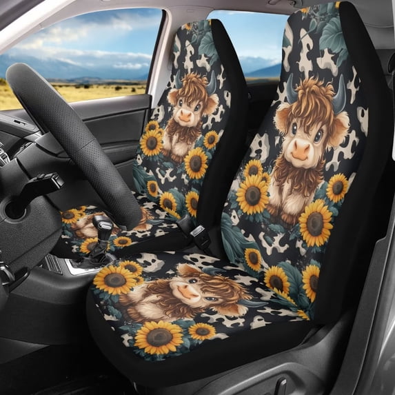 FOR U DESIGNS Highland Cattle Sunflower Pattern 2 Pcs Car Seat Cover Lightweight Truck Seat Protectors Elastic Auto Accessories Car Front Seats Only Fit Sedan Truck SUV