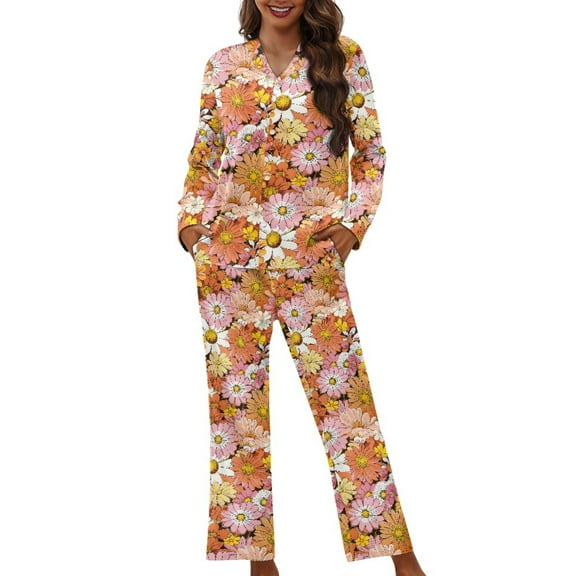 FOR U DESIGNS Hippie Flower Womens Pajama Set Soft Long Sleeve Pajamas Long Pants with Pockets for Womens 2 Piece Size XS Nightwear Sets Button Front Sleepwear