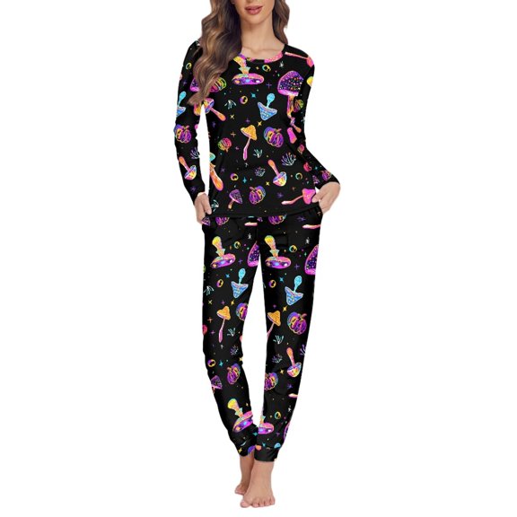 FOR U DESIGNS Hippie Mushroom Pajamas for Women Set Long Pants with Pockets Set of 2 Size S Sleepwear Crew Neck Tops set for Women Long Sleeve Loungewear Nightwear