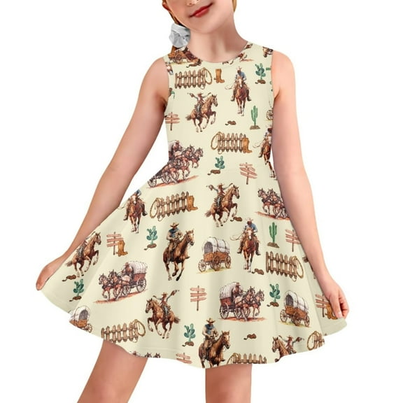 FOR U DESIGNS Horse Farm Girls Sleeveless Dress Casual A-Line Skater Dress for Kids 7-8 Years Old Spring Summer Round Neck Swing Dress Toddler Tank Sundress