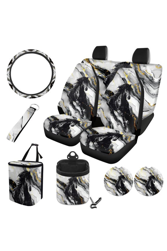 FOR U DESIGNS Horse Marble Print 10 Pcs Car Seat Cover Full Sets Washable Car Seat Protector + Steering Wheel Cover + Air Vent Storage Bag + Trash Can + Coaster + Wristlet Keychain