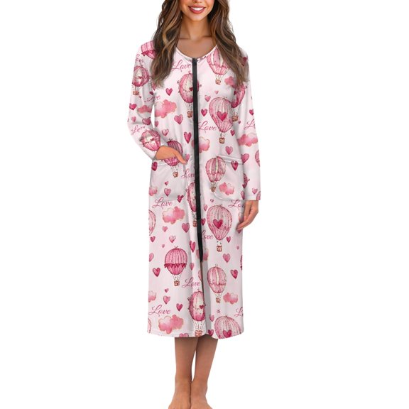 FOR U DESIGNS Hot Air Balloon Print Women Nightgown Soft House Dresses for Woman with Pockets, Lightweight Elastic Fabric Robes for Woman Zipper Mumu Dress, 2XL