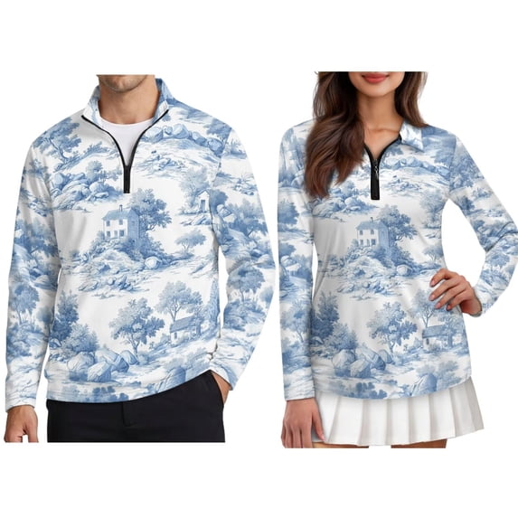 FOR U DESIGNS House Trees Toile De Jouy Print Matching Golf Shirts for Couples 1/4 Zip Up Polo Shirts for Men Women Couples Matching Outfits Long Sleeve Golf Polos