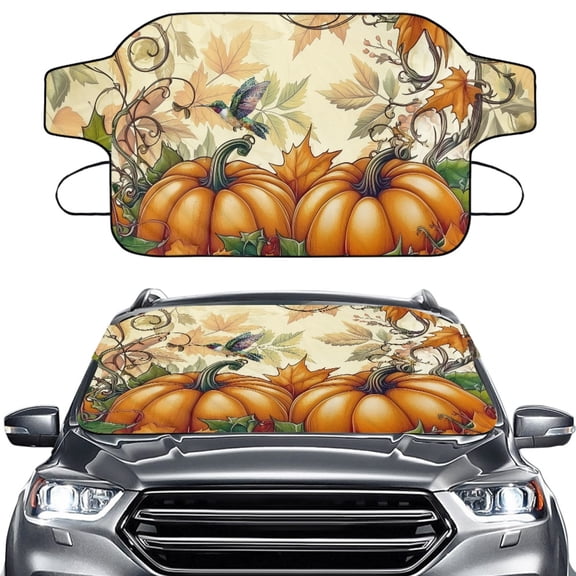 FOR U DESIGNS Hummingbird Pumpkin Print Windshield Snow Cover for Cars, Auto Windscreen Covers Car Winter Ice Sunshade Protector Includes Anti-Theft Straps Fits Most Trucks, Vans, SUVs