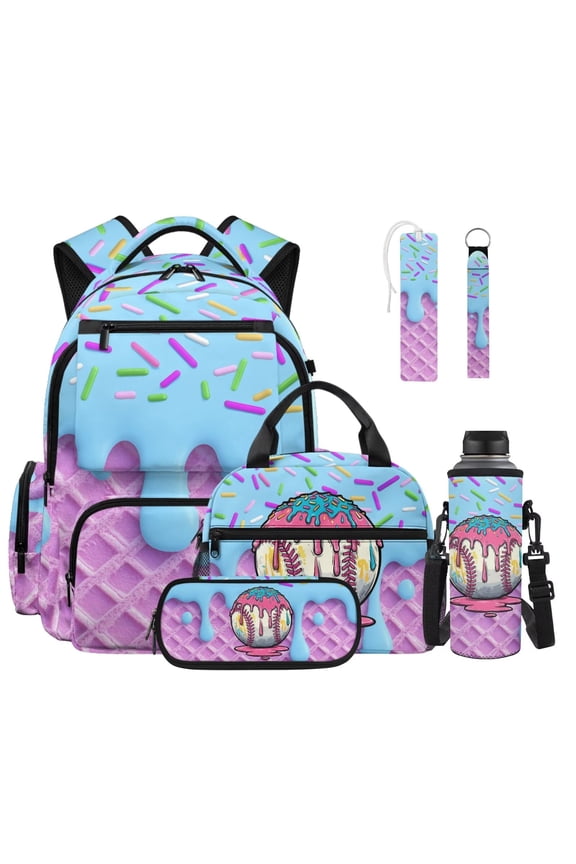 FOR U DESIGNS Ice Cream Baseball Print 6Pcs Backpack Set for Kindergarten, Drip Design Lightweight Bookbag with Lunch Box Pencil Case Water Bottle Sleeve Leather Bookmark Keychain