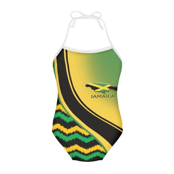 FOR U DESIGNS Jamaican Flag Baby Girls' Swimwear One Piece, Teens Ballet Leotards Gymnastics Dancewear Fashion Halter Neck Off Shoulder Swimsuit Size 3-4