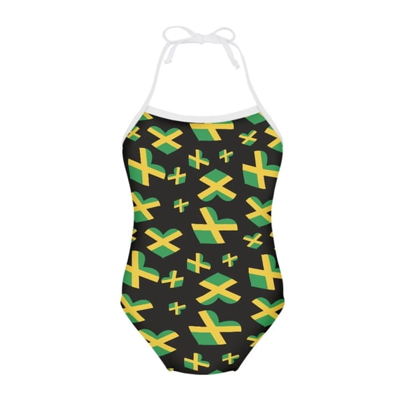 FOR U DESIGNS Jamaican Flag Hearts Girls Swimsuit for Swimming Class Fashion Quick Dry Beach Sport Halter One Piece Swimsuit Comfy Backless Bodysuit Size 9-10