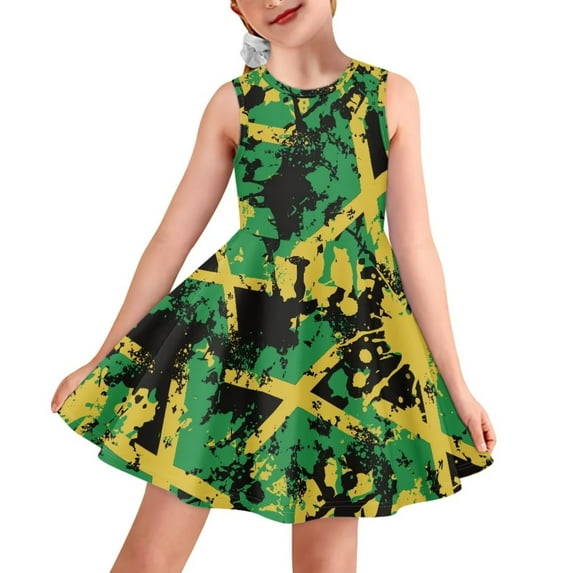 FOR U DESIGNS Jamaican Flag Tank Dress for Girls 3-4 Years Old Novelty High Elastic A Line Flowy Dress Daily Life Vacation Tour Twirl Swing Dresses Size 7-8