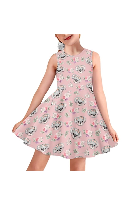 FOR U DESIGNS Koala Flower A Line Tank Dress for Kids Girls Crewneck Skater Dresses Sleeveless Knee Length Sundress Casual Wear Outfits Children Swing Dress Size 9-10