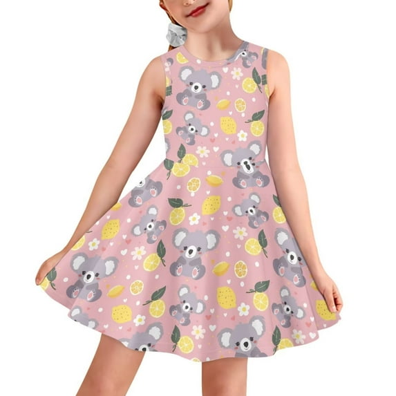 FOR U DESIGNS Koala Lemon Sleeveless Dress Teen Girls Spring Summer Daily School Outfits Cute Pink High Waistline Princess Dresses Kids Flared Dress Size 3-4