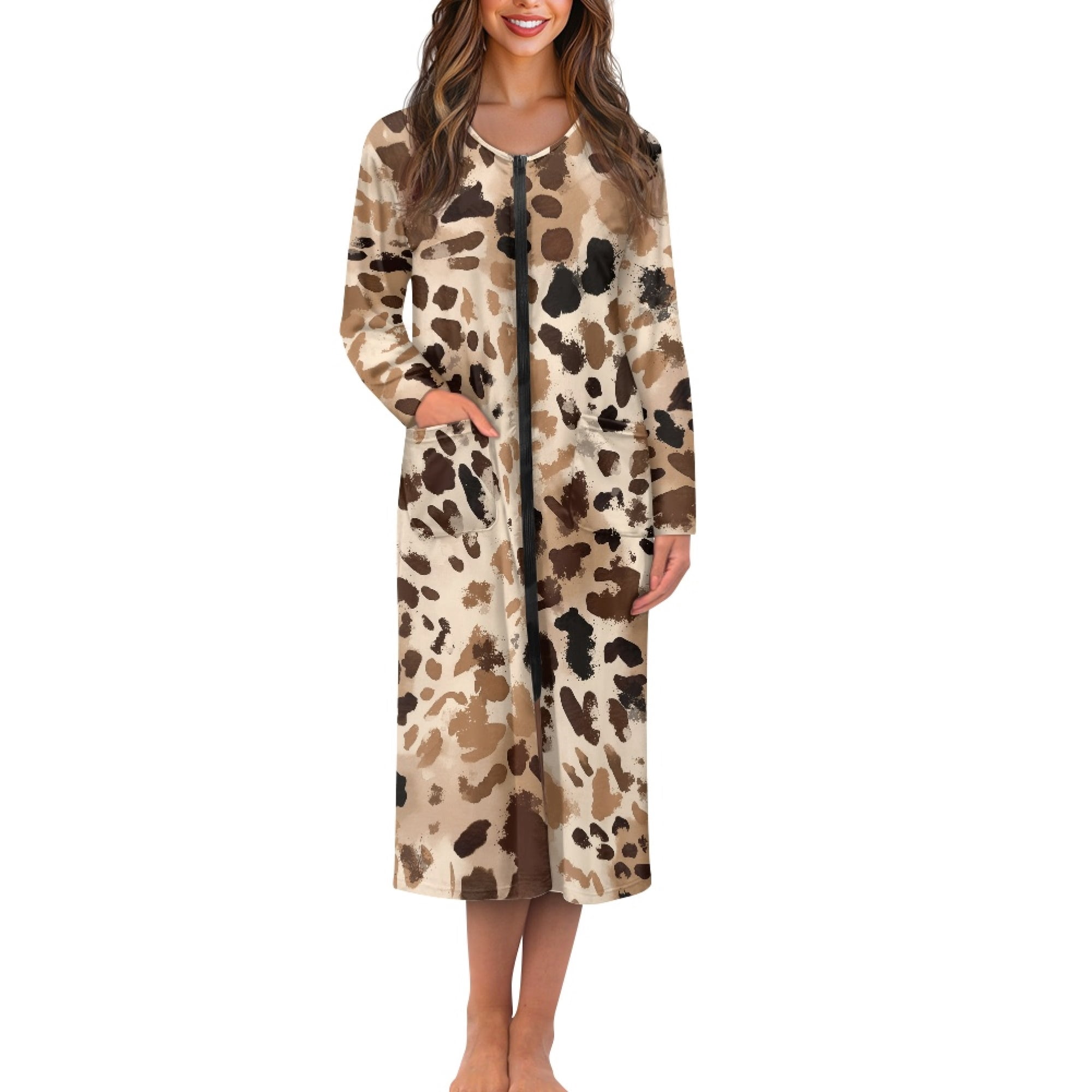 Ofmcap Robe Design FOR U DESIGNS Leopard Pattern Women Nightgown Comfortable House Dresses ...
