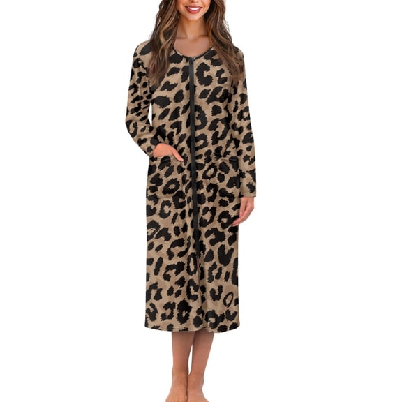 FOR U DESIGNS Leopard Pattern Womens Nightgown Comfortable House Dresses for Women with Pockets, Soft Women Zipper Robes Knit Long Sleeve House Coat, 3XL