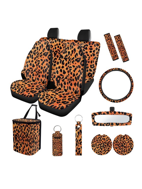 FOR U DESIGNS Leopard Print Car Seat Covers Full Set of 13 Steering Wheel Cover, Seat Belt Pads, Trash Can, Rearview Mirror Cover, Cup Holder, Keychains for SUV Van Truck