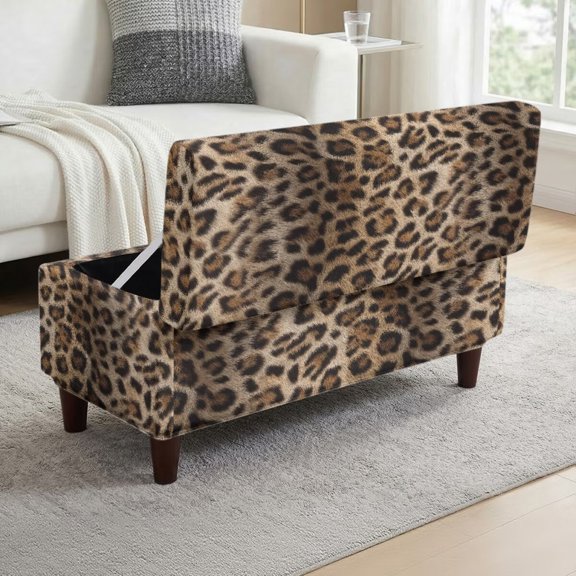 FOR U DESIGNS Leopard Print Stretch Ottoman Cover for Flip-Top Storage Bench, Washable Footstool Slipcover with Elastic Bottom, Non-Slip Stool Protector for Living Room