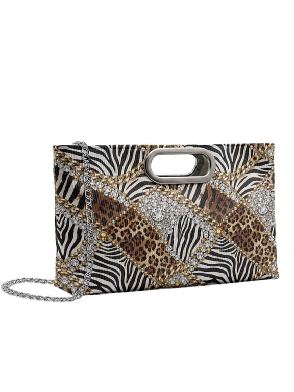 FOR U DESIGNS Leopard Zebra Stripe Jewel Print Leather Clutch Purse for Women Formal Evening Handbag with Detachable Chain Elegant Purse for Party Prom