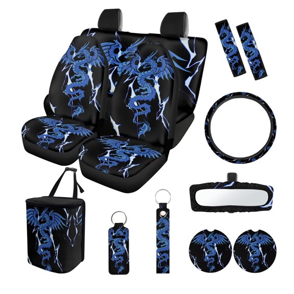 FOR U DESIGNS Lightning Dragon Print 13 Pack Car Seat Covers Full Set with Steering Wheel Cover + Seatbelt Pads+ Car Garbage Can + Rearview Mirror Cover + Coasters + Key Chains